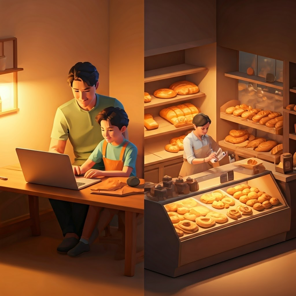Parent supervises a child online while a bakery worker secures a tablet, showing that home and small business both need digital safeguards.