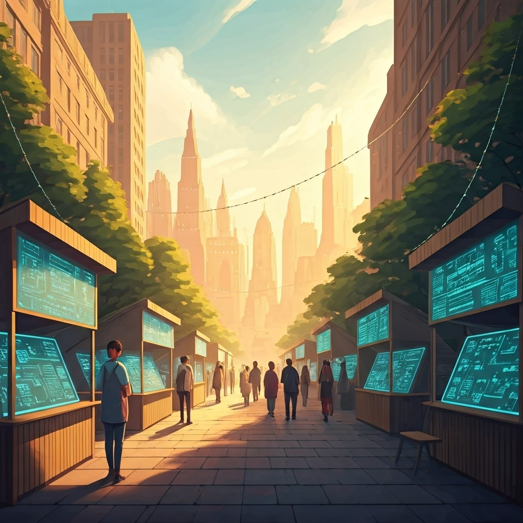 Sunny city plaza showing decentralized data sharing among diverse users