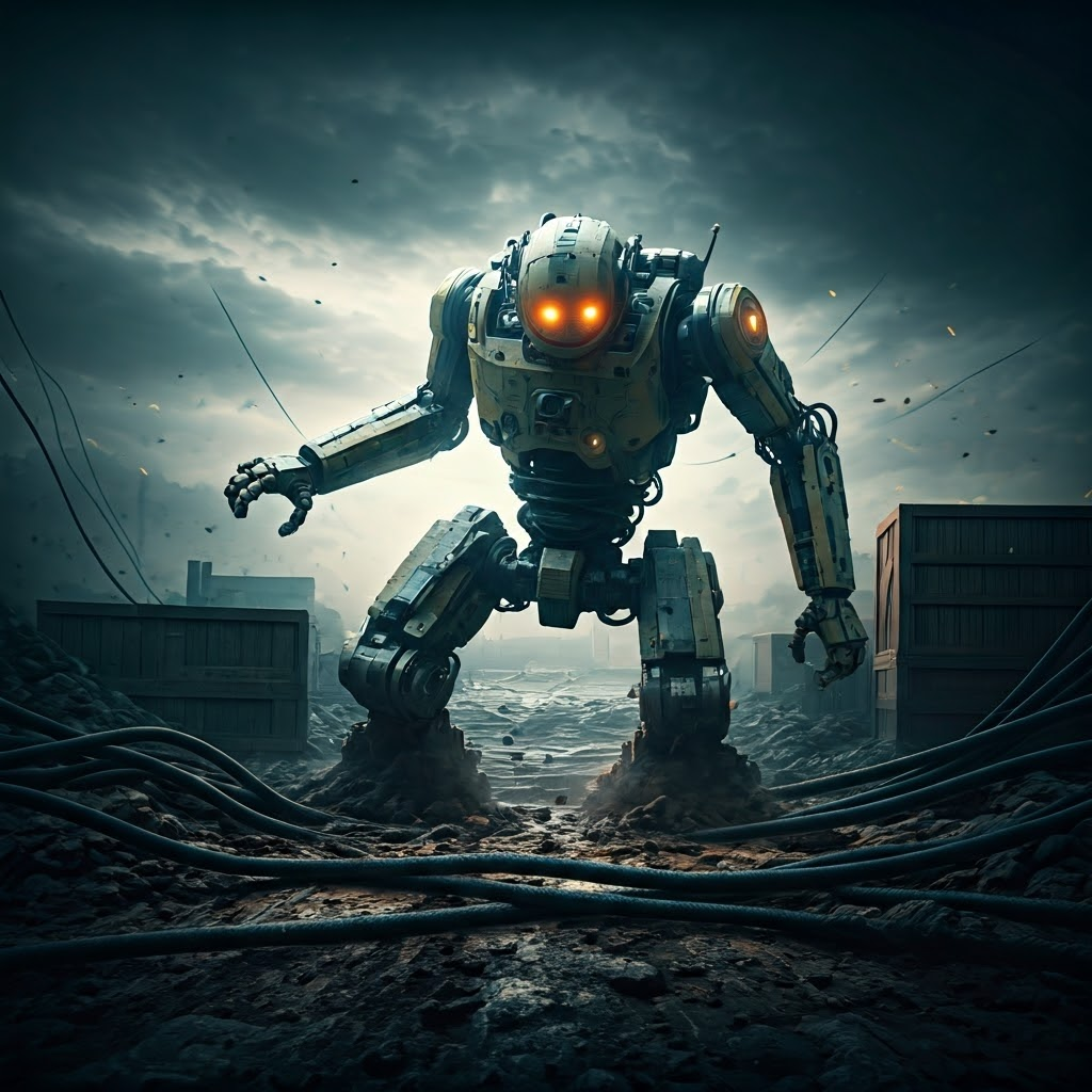 A cinematic poster shows a robot tackling mud, cables, and crates labeled with testing phases