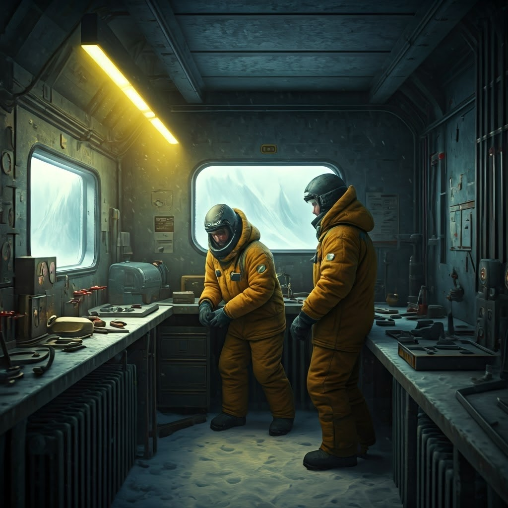 Crew members huddle in a workshop, racing to repair a failing heater while a blizzard pounds the station walls.