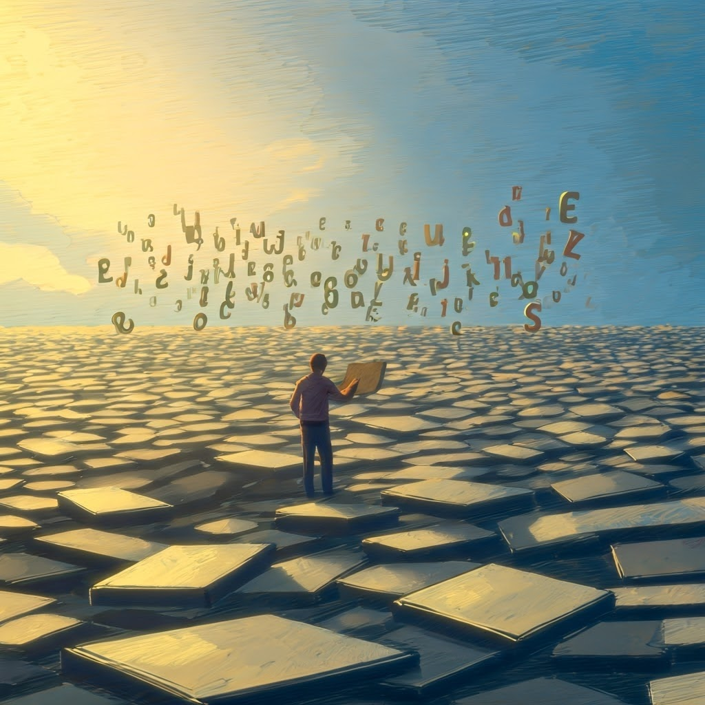 Chaotic cloud of thousands of Asian characters contrasting with orderly European alphabet tiles