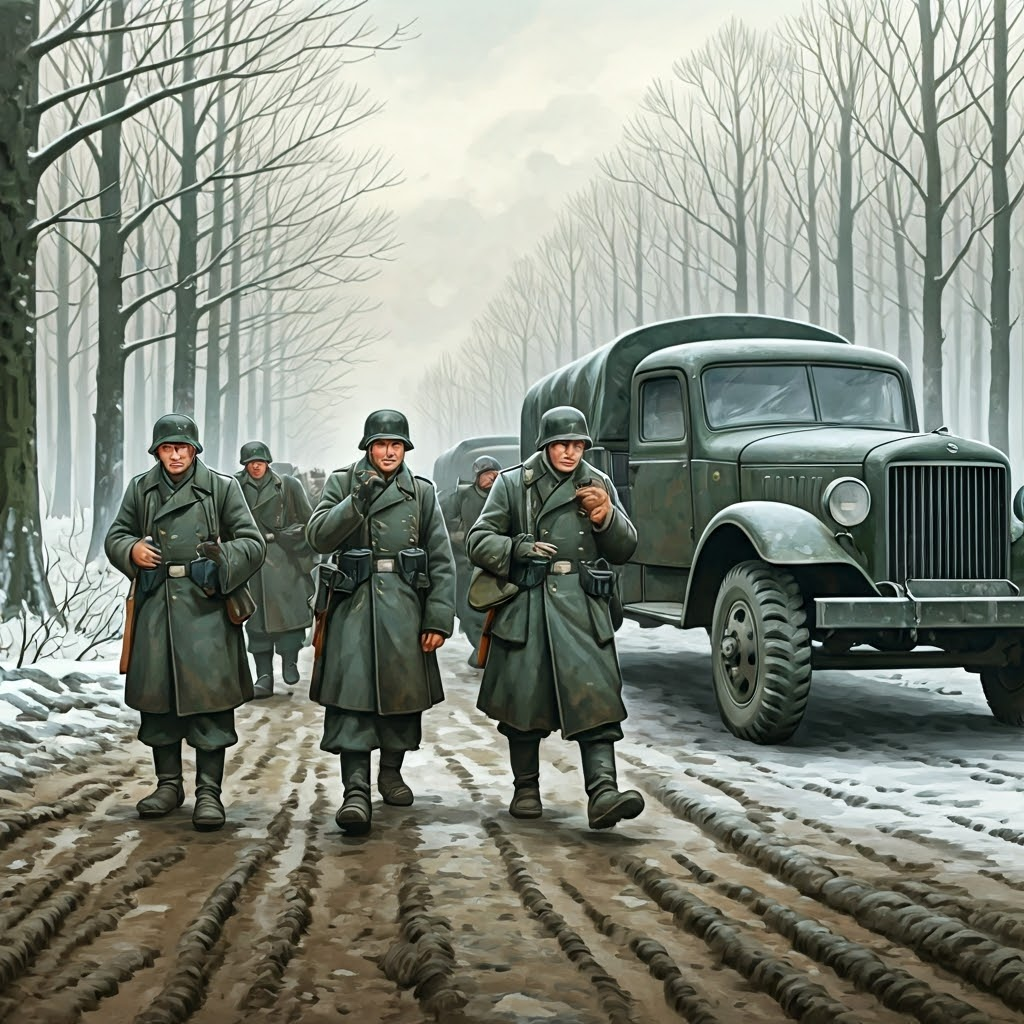 Exhausted German troops slog through frozen mud as winter closes in