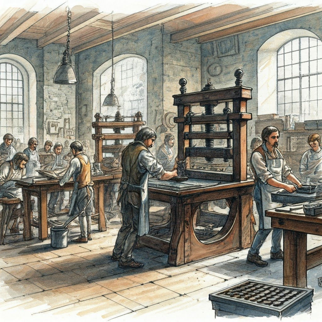Busy medieval workshop where craftsmen cast metal type, mix ink, and operate a wooden press