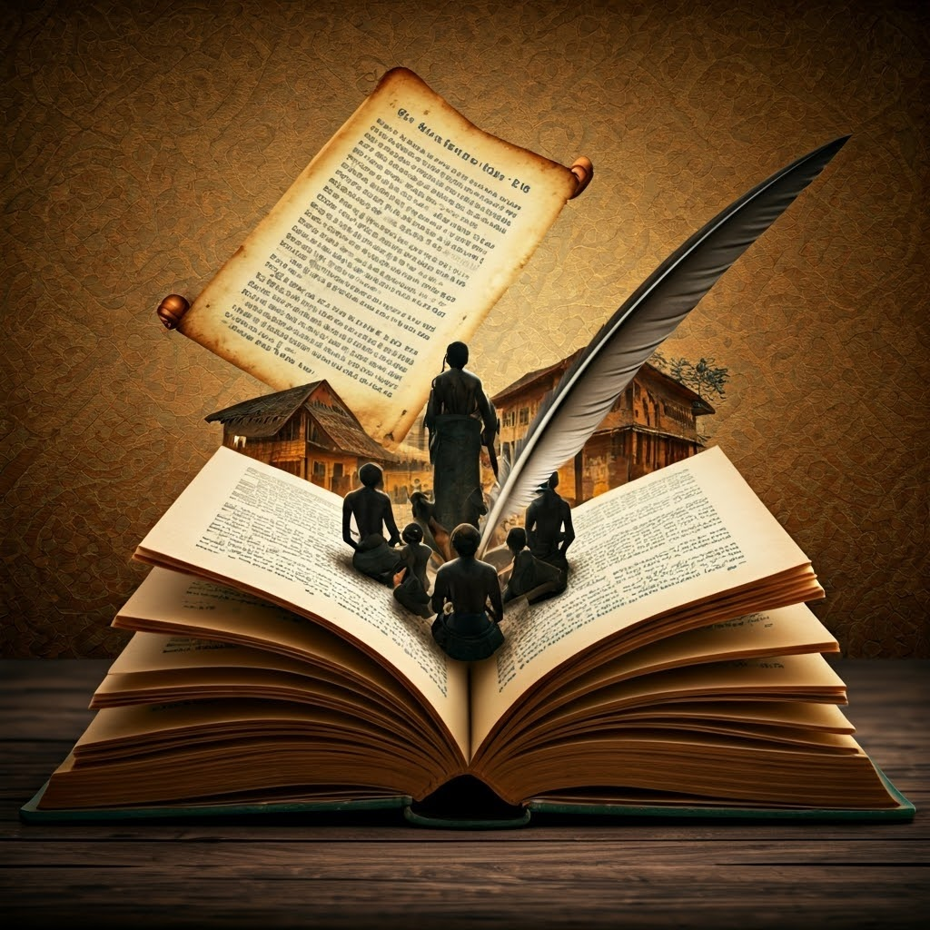 Open book transforms into a village square collage, illustrating oral stories shifting into print.