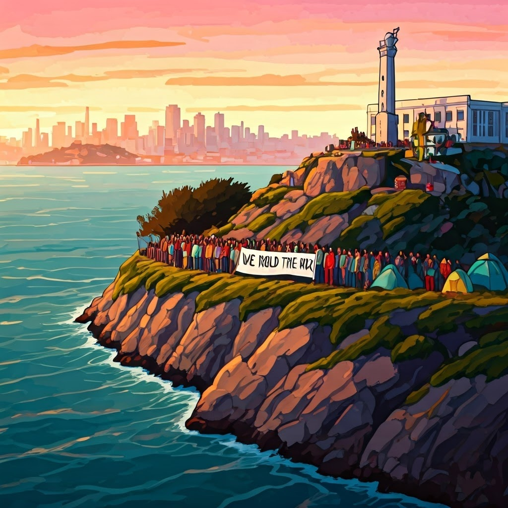 Alcatraz Island at sunrise with Indigenous activists, colorful tents, and a banner reading ‘We Hold The Rock’.