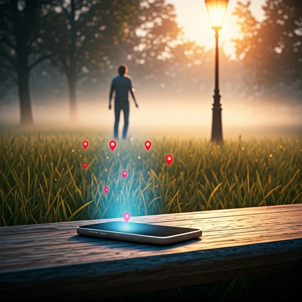 A glowing phone lies on a park bench while an AR map projects its location, watched by a concerned passerby.