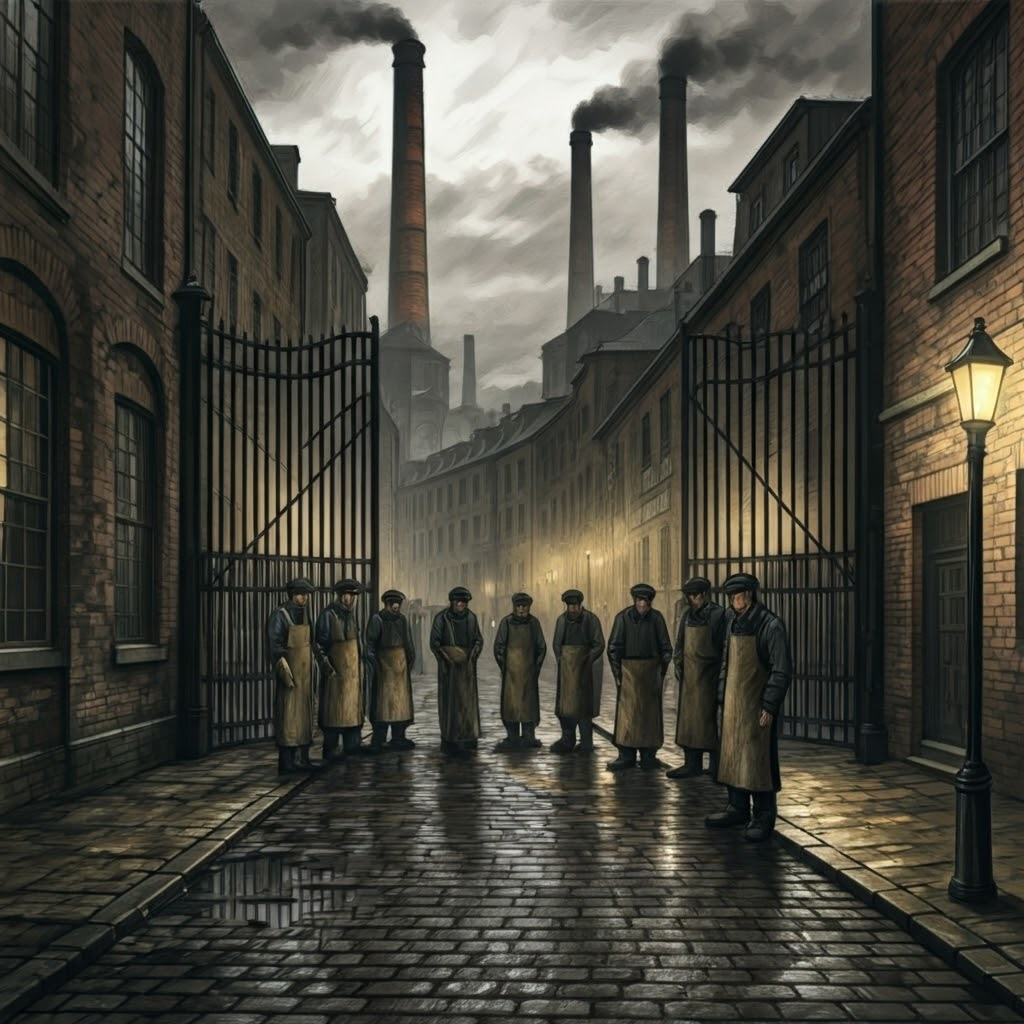 Illustration of a closed mid-19th-century factory, gates locked and workers standing idle on rain-slick cobblestones under dim gas lamps.