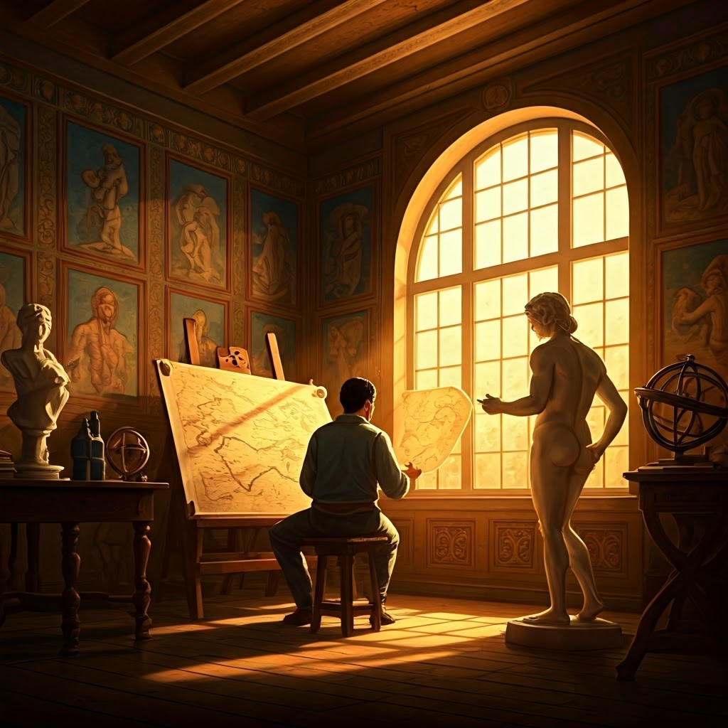 An artist sketches anatomy while a cartographer measures coastlines in a sunlit studio