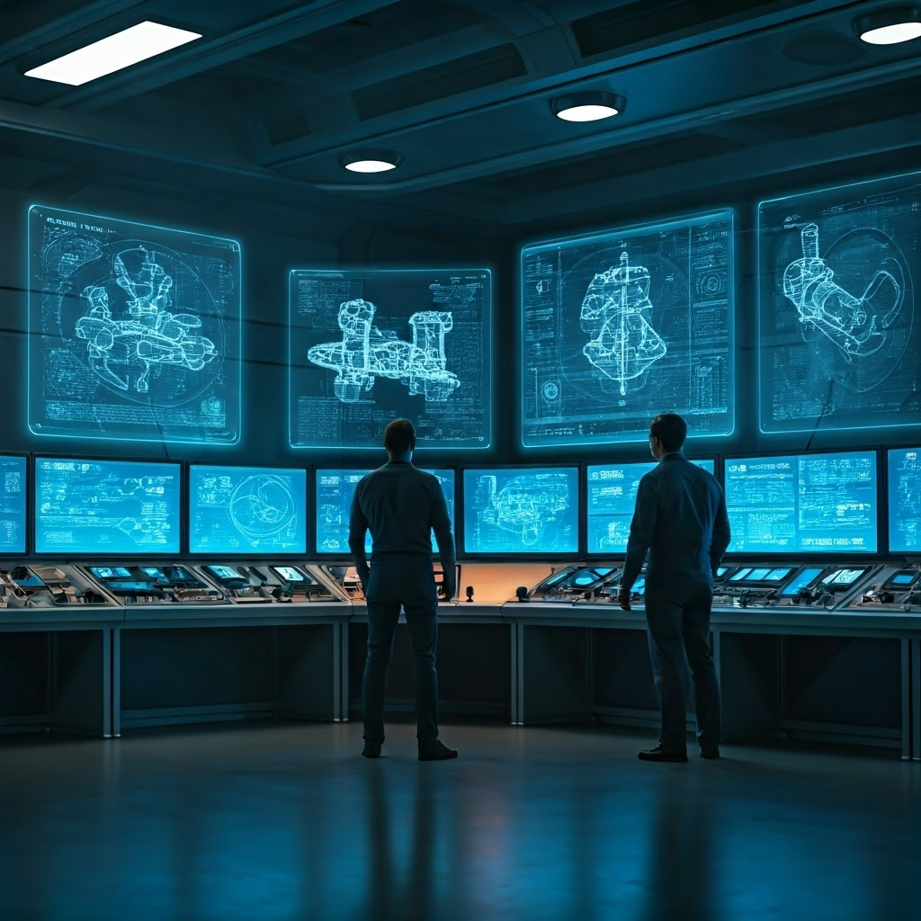 Control room with engineers reviewing holographic blueprints of lunar and Martian bases