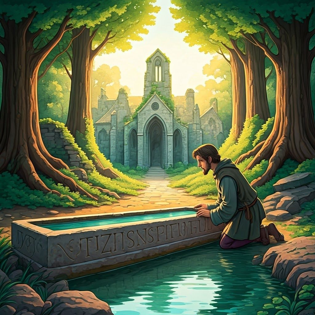 Scholar kneels at a clear spring carved with Latin words, representing a return to pure intellectual origins.