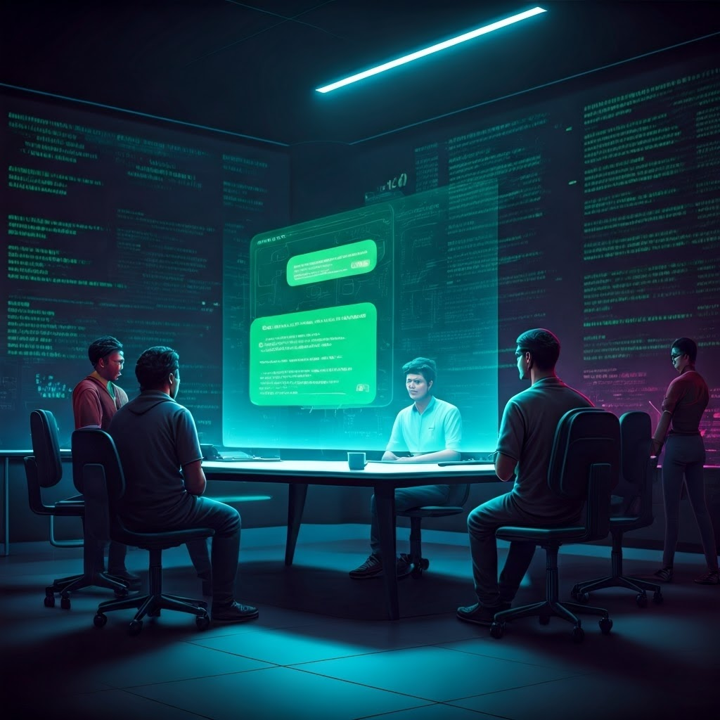 A sleek digital workspace with diverse activists gathered around a holographic projection of an encrypted chat interface, the Signal app open with green and white bubbles. The room is lit by neon blue and purple lights, walls lined with code snippets. The activists wear casual modern attire, serious expressions, discussing plans. The mood is futuristic and hopeful. Style: cyber-futurism with crisp line art and neon glow accents.