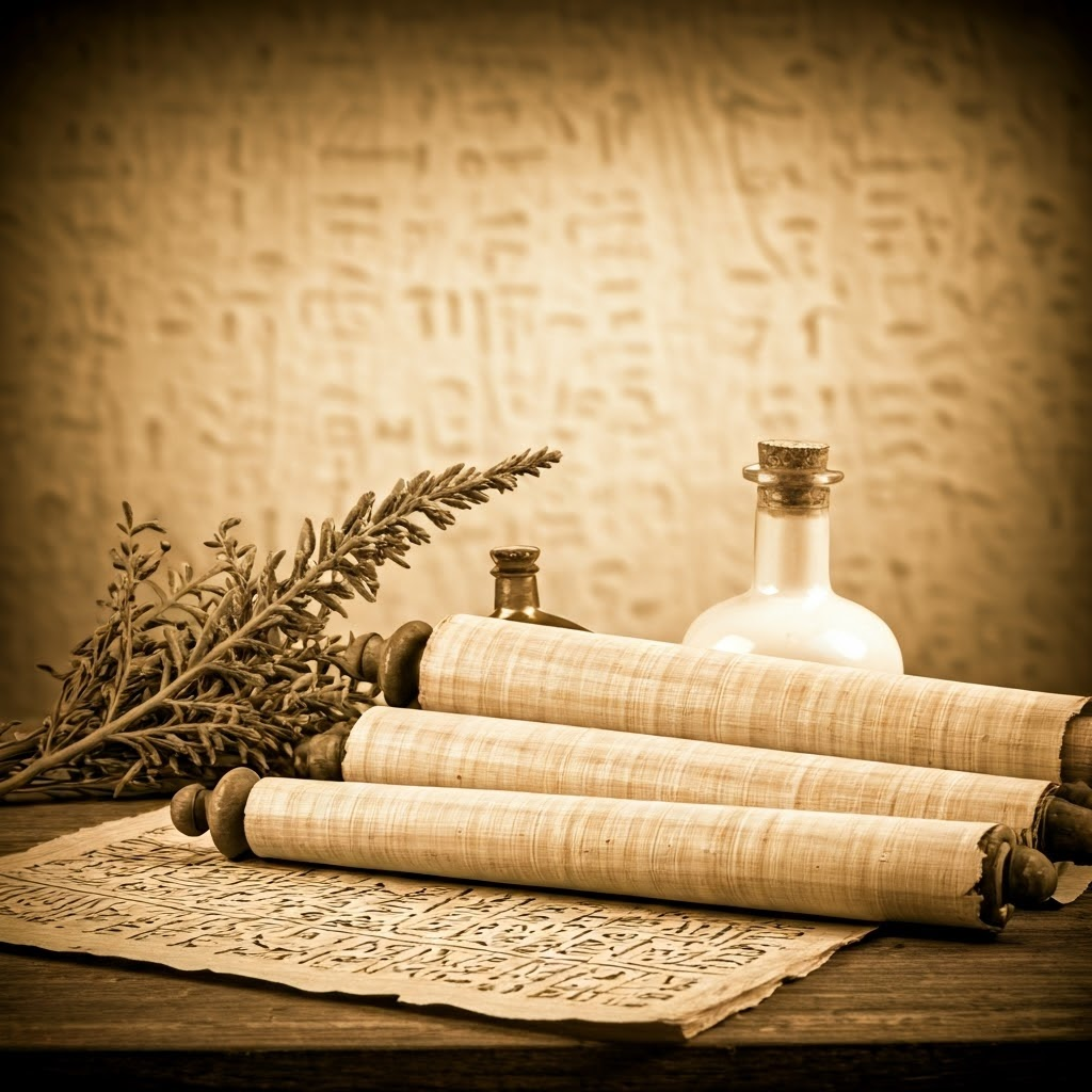 Sepia-toned scene of medical papyrus, herbal remedies, and early Egyptian notes