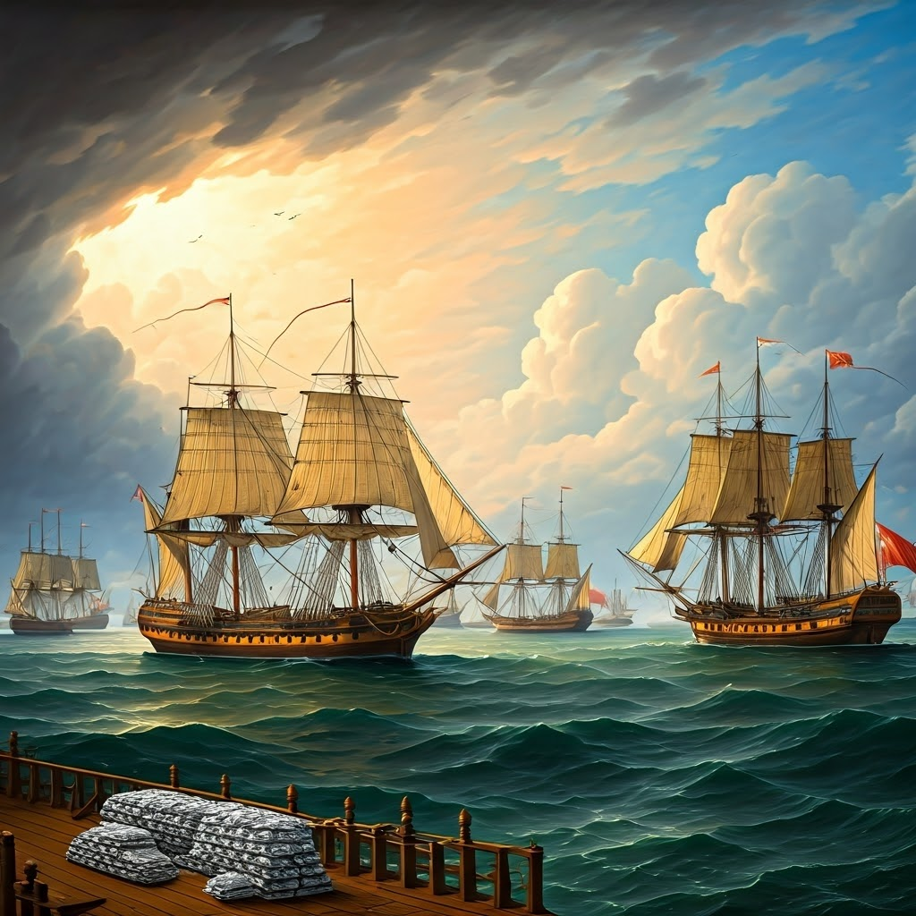 Spanish galleons in convoy under stormy skies, decks heaped with silver guarded by warships