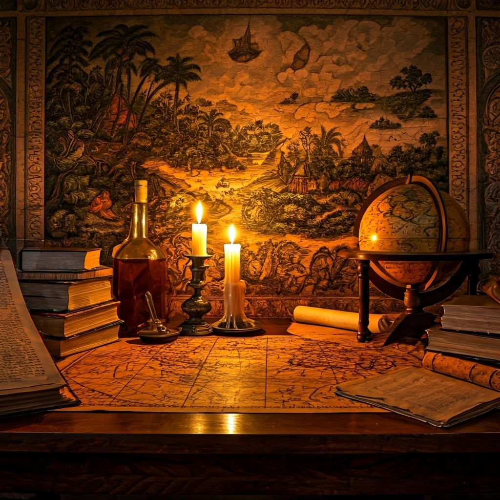 A candlelit study shows ancient maps, a cracked globe, and frescoes of mythical kingdoms, reflecting how lore shaped navigation.