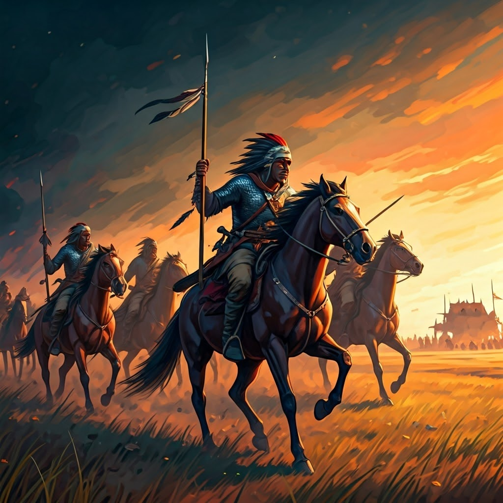 Mounted warriors charge across plains at dawn toward a smoldering trading post, capturing the intensity of raiding.