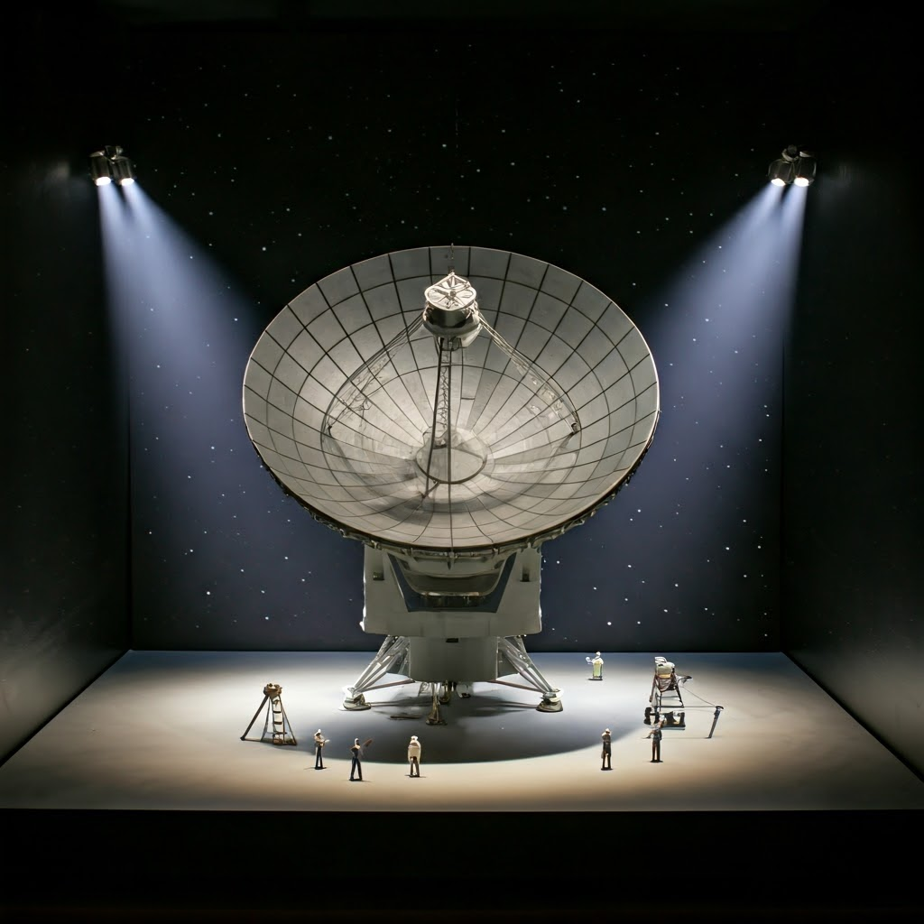 A detailed model of a giant Deep Space Network dish towers over miniature engineers, underscoring its massive scale and precision.