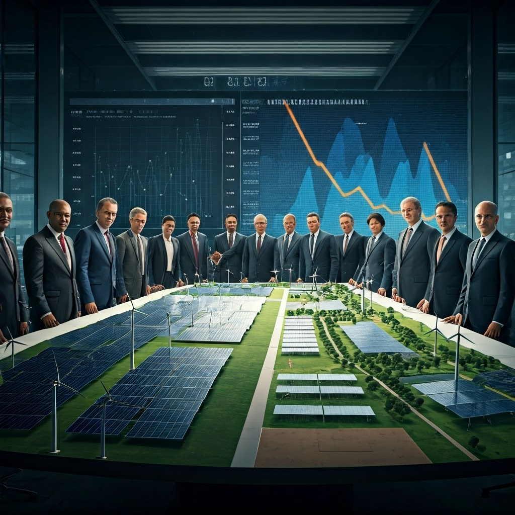 World leaders and engineers review renewable energy models in a glass meeting room, reflecting collaborative action.