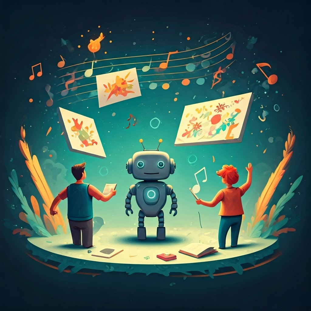 Humans and friendly robots create art together in a bright playground filled with floating images and musical notes, symbolizing collaboration.