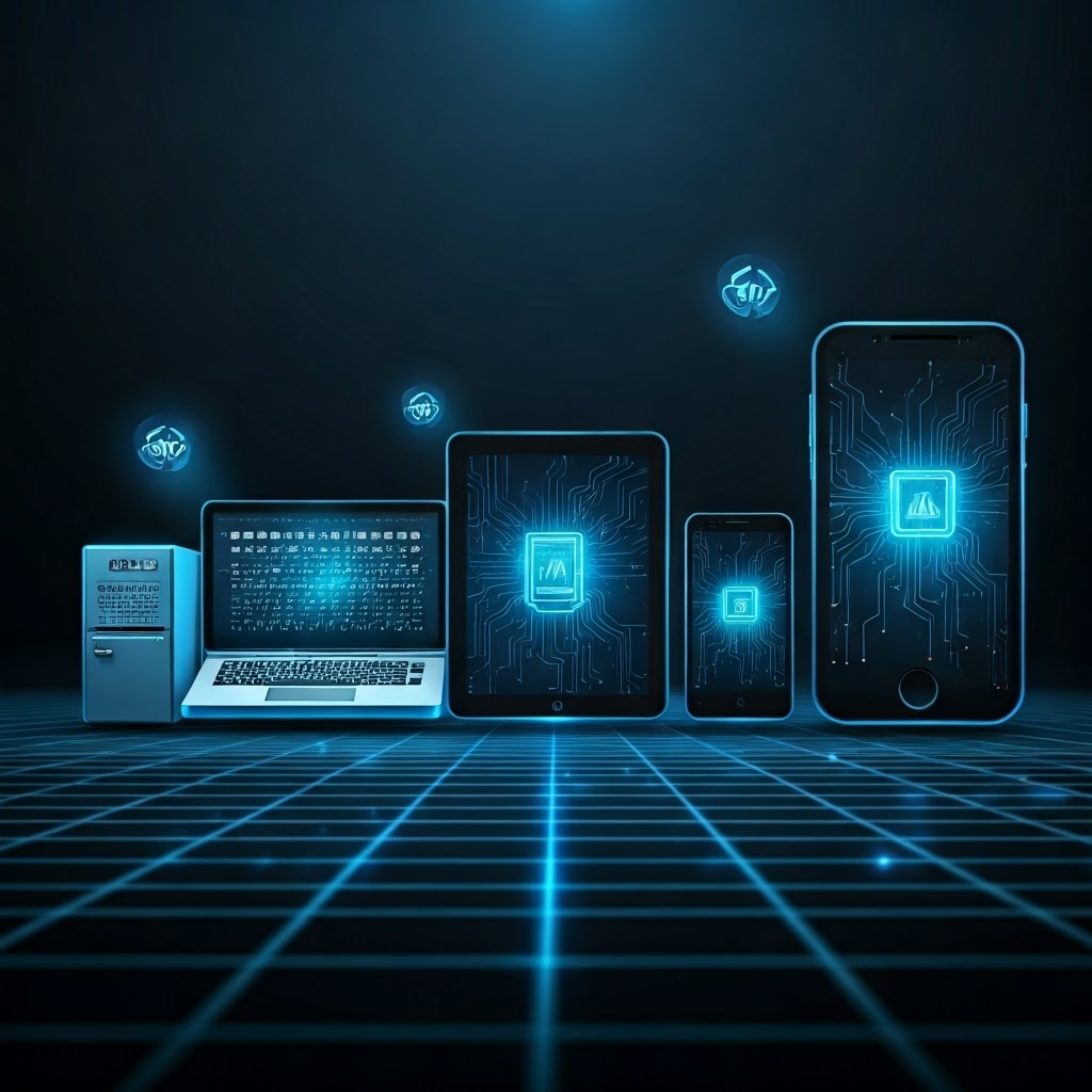 Timeline artwork shows computers shrinking from a 1940s mainframe to today’s smartphone, marking each leap with glowing transistor icons.