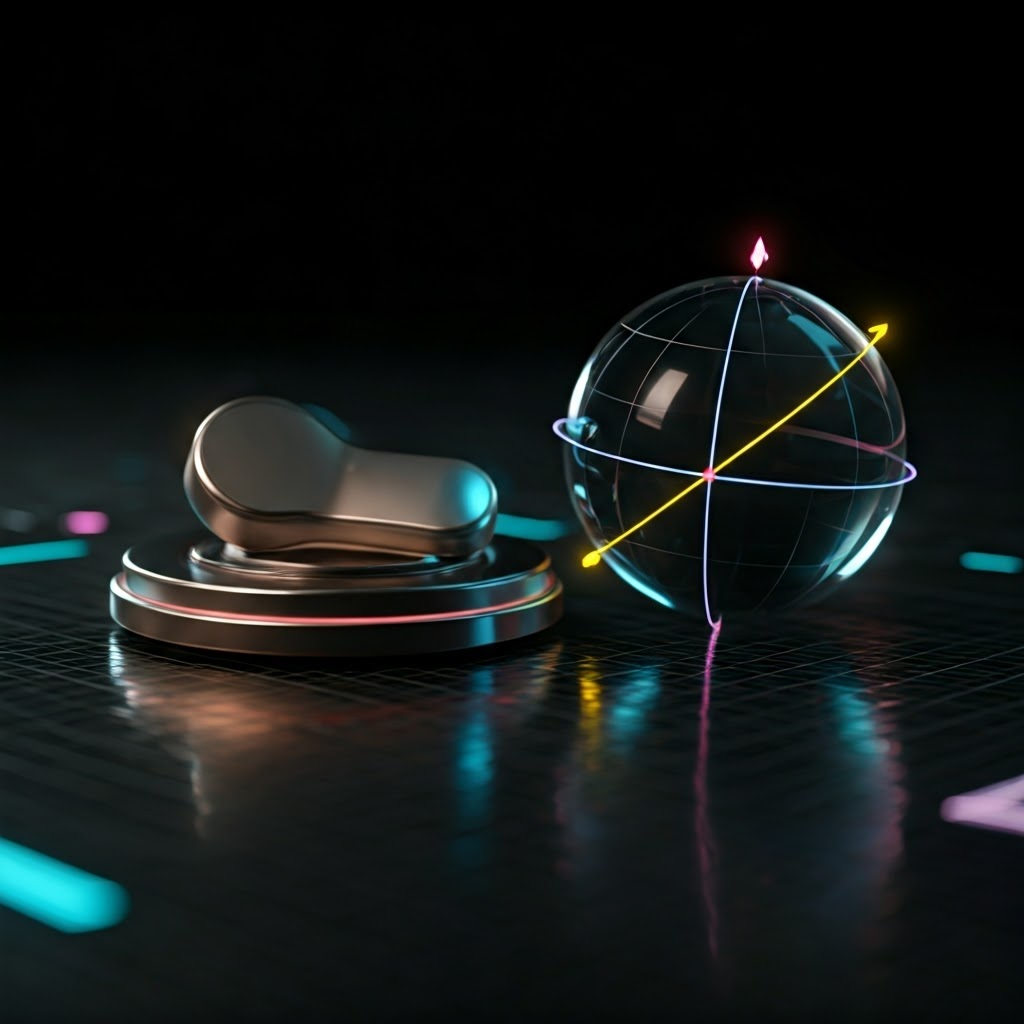 Metallic dimmer switch beside a translucent sphere marked with Bloch sphere lines to show infinite qubit states