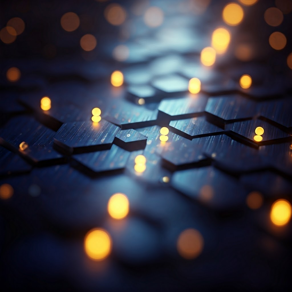 Microscopic silicon lattice with bouncing photons and flowing electrons, visualizing the photoelectric effect.