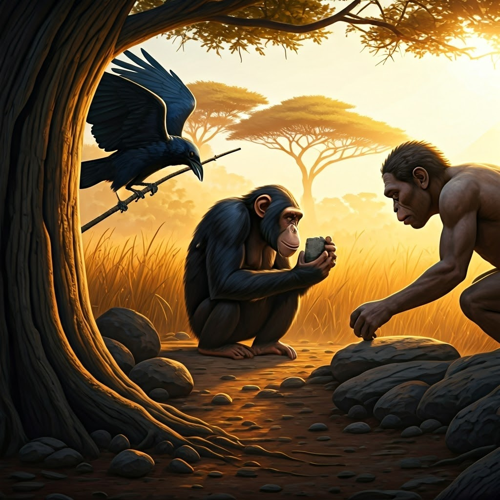 Crow, chimp, and early human each testing simple tools at sunrise on an African savannah, highlighting the dawn of purposeful tool use.