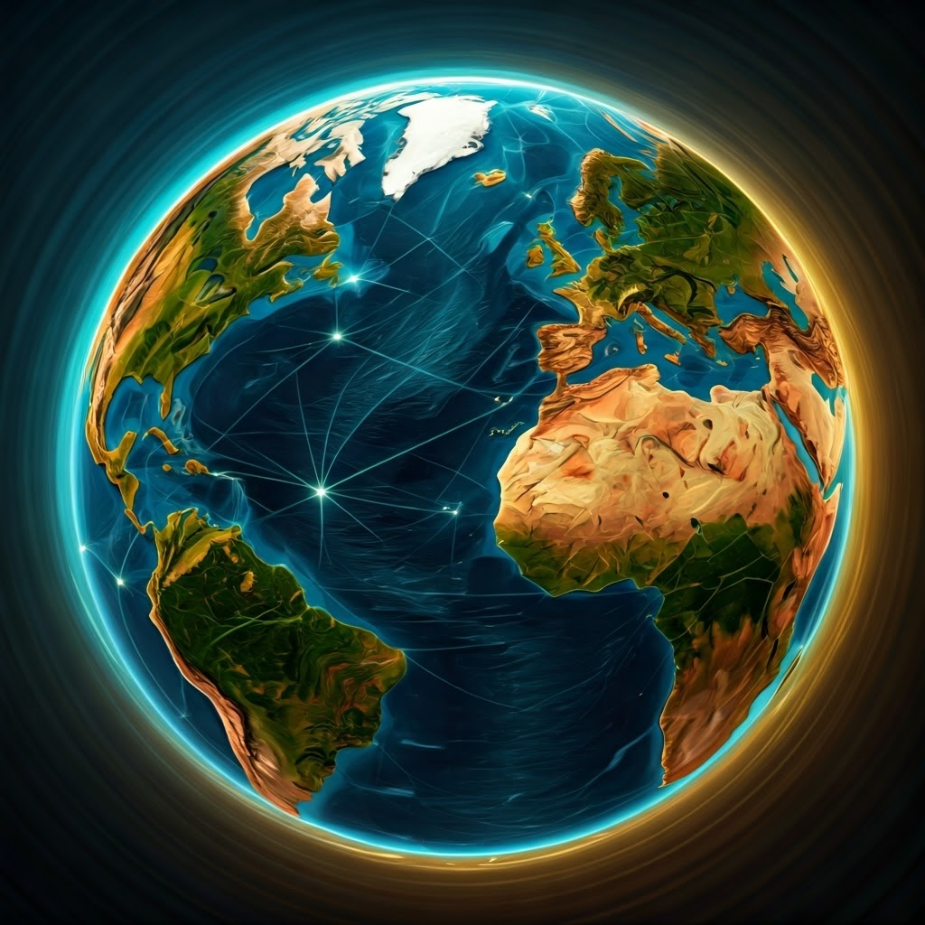 Stylized map showing Lisbon, Seville, and Antwerp as glowing hubs linked by ship routes and swirling language icons