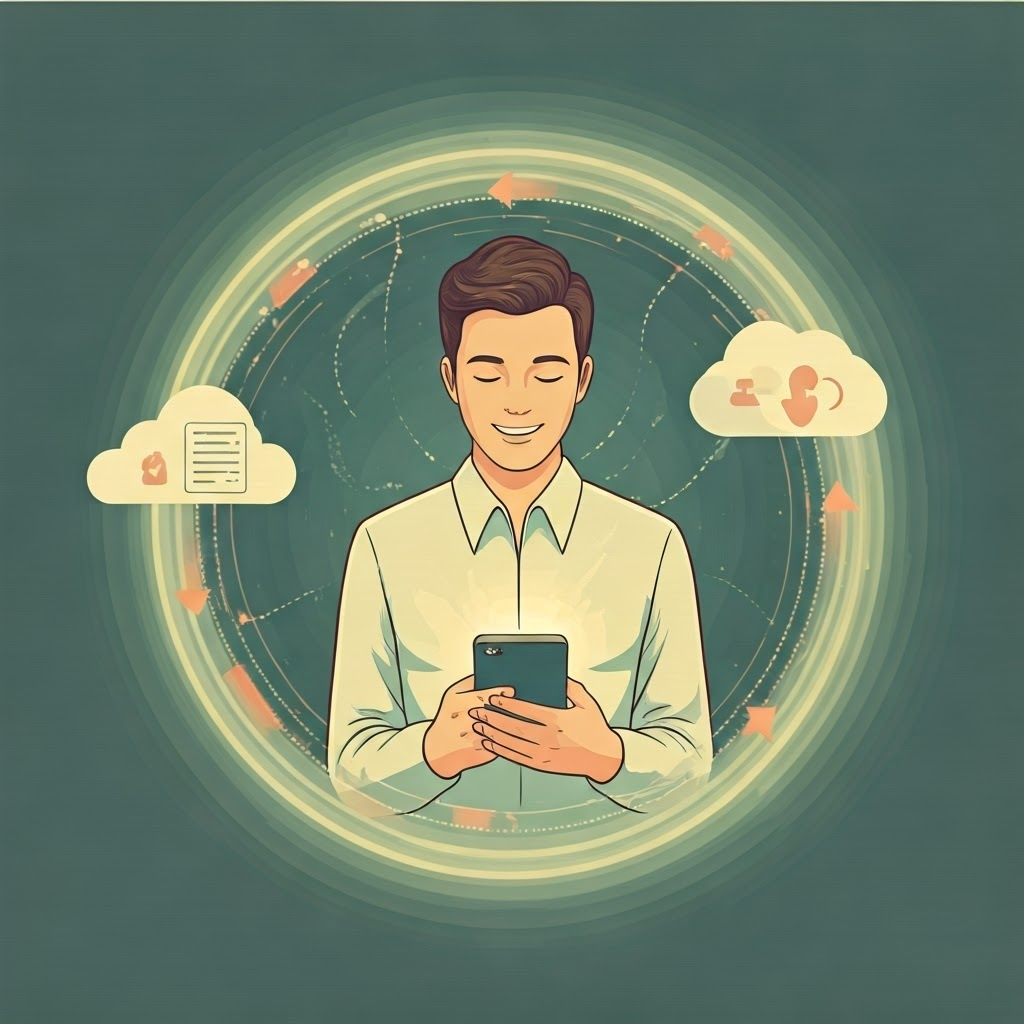 Retro-futuristic graphic of smartphone in network loops showing federated learning keeping data on device.