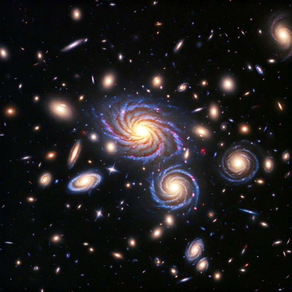 Colorful illustration of many spiral, elliptical, and irregular galaxies scattered across a dark cosmic background like a vibrant celestial tapestry.