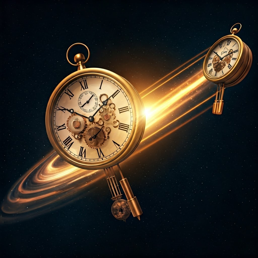 Two ornate brass clocks float in space—one near Earth’s gravity well, one farther out—highlighting microsecond differences.