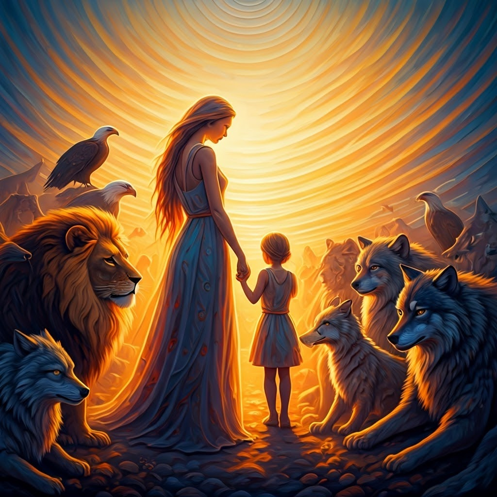Mother holds child among symbolic animals under a dawn sky, suggesting universal bonds