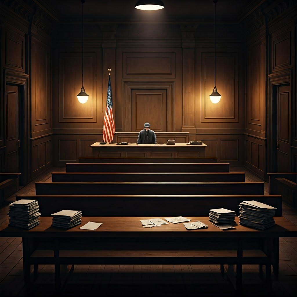 Courtroom benches in shadow beneath stark lights, emphasizing solemn judgment after war.
