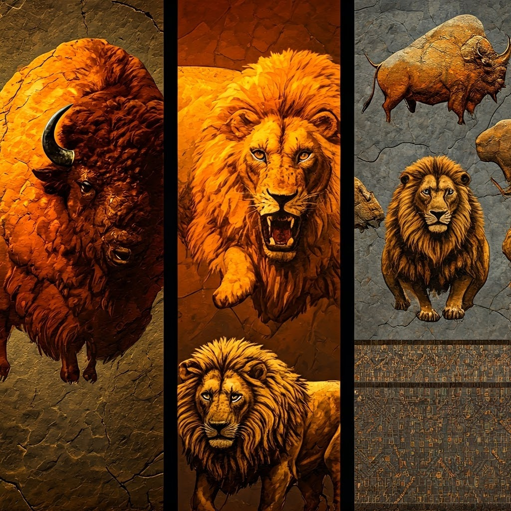 Collage of Altamira bison, Chauvet lions, and geometric dots arranged like an ancient chart