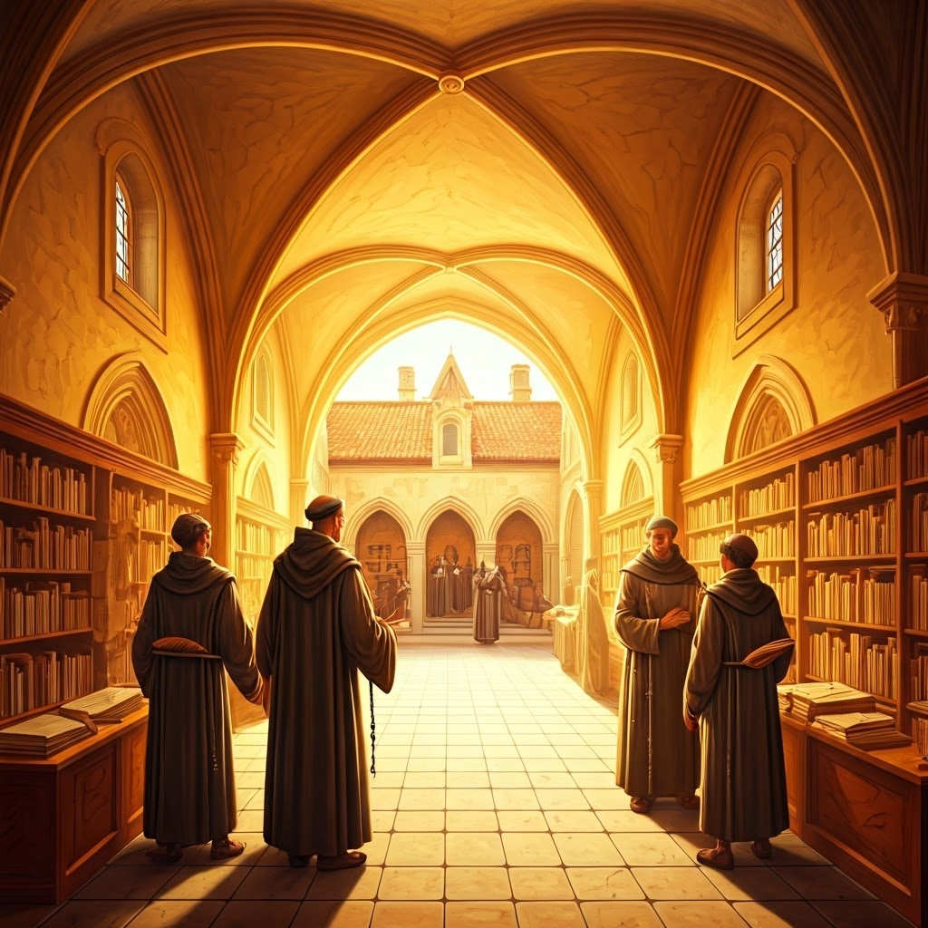 Renaissance-style courtyard where monks guide students past scroll-lined walkways toward a sunlit library, celebrating scholarly tradition.