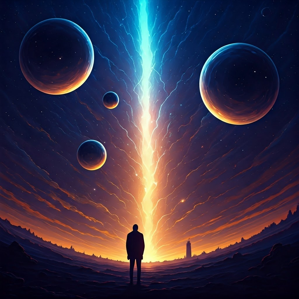 A cosmic fissure opens above a lone thinker, revealing swirling nebulae beyond the crystal spheres and hinting at a vast, unexplored universe.