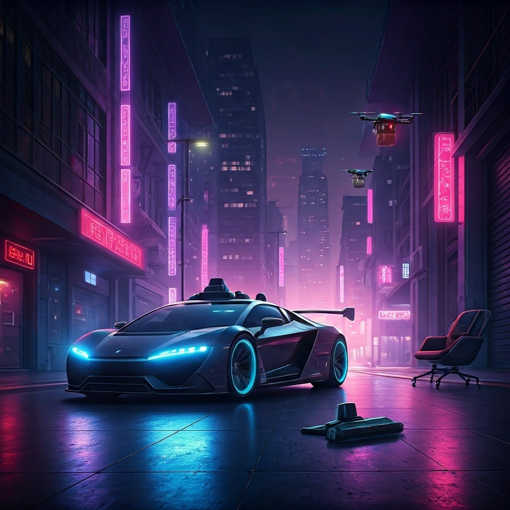 Sleek self-driving car, delivery drones, and a robot vacuum in a neon city, illustrating modern autonomous systems