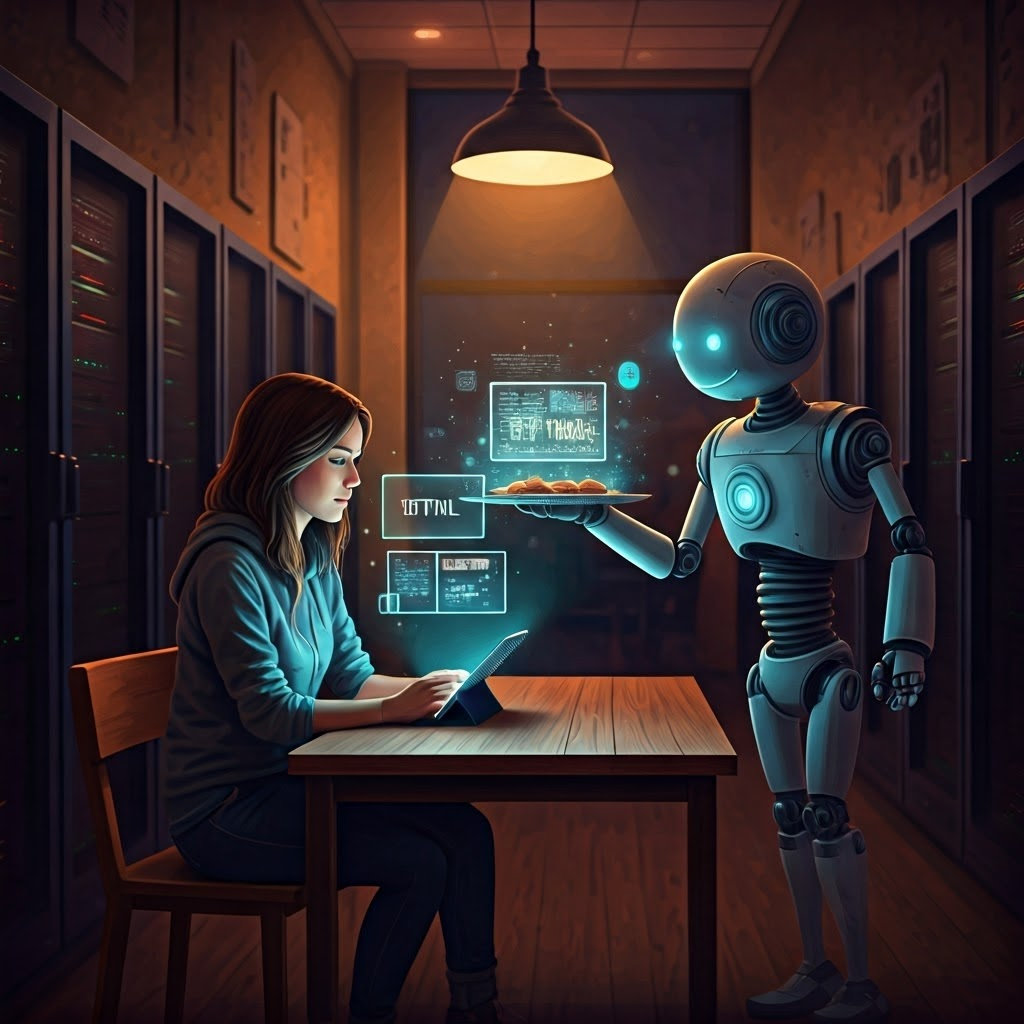 Illustration of a relaxed internet café where a person requests a webpage and a friendly robot presents glowing HTML on a tray, symbolizing browser-server communication.