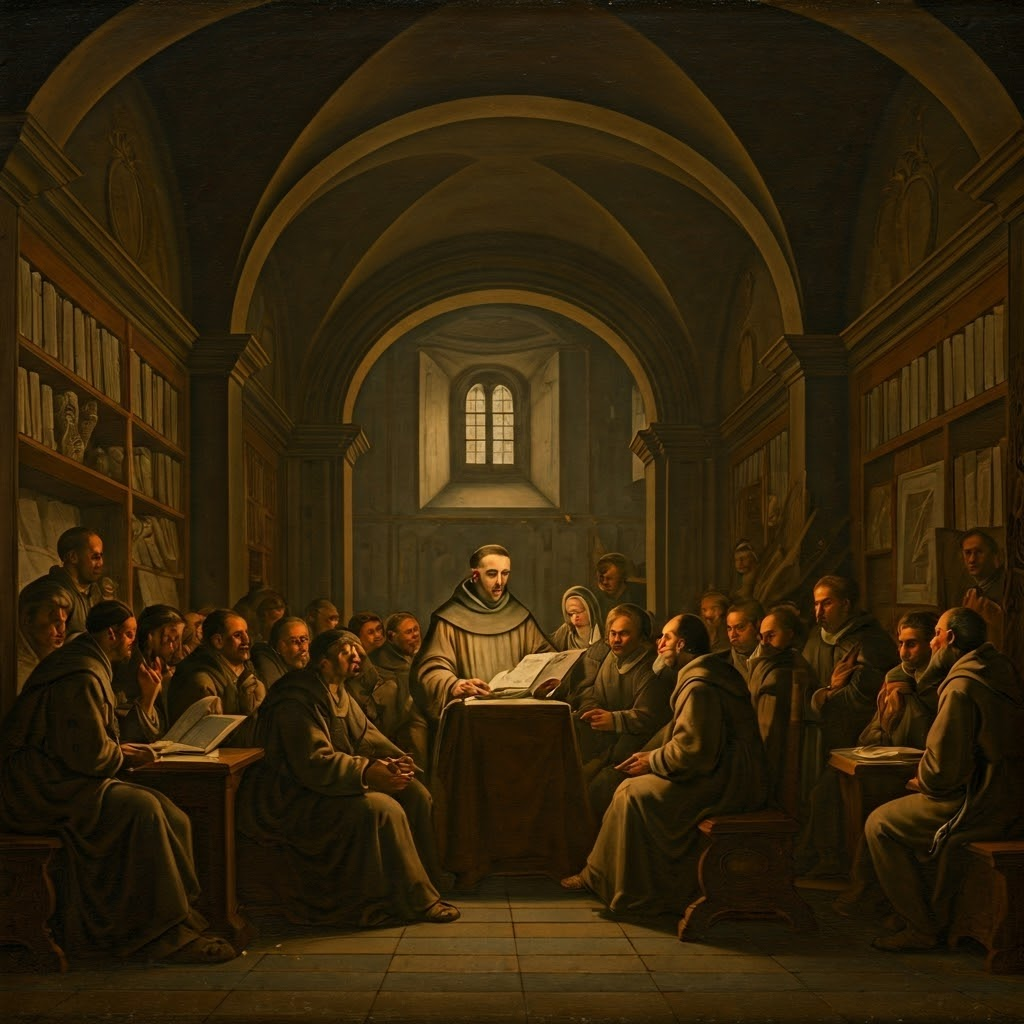 Baroque-inspired oil painting of a Franciscan lecturing under an archway to townsfolk, candles and books glowing behind, portraying the birth of public scholarship.