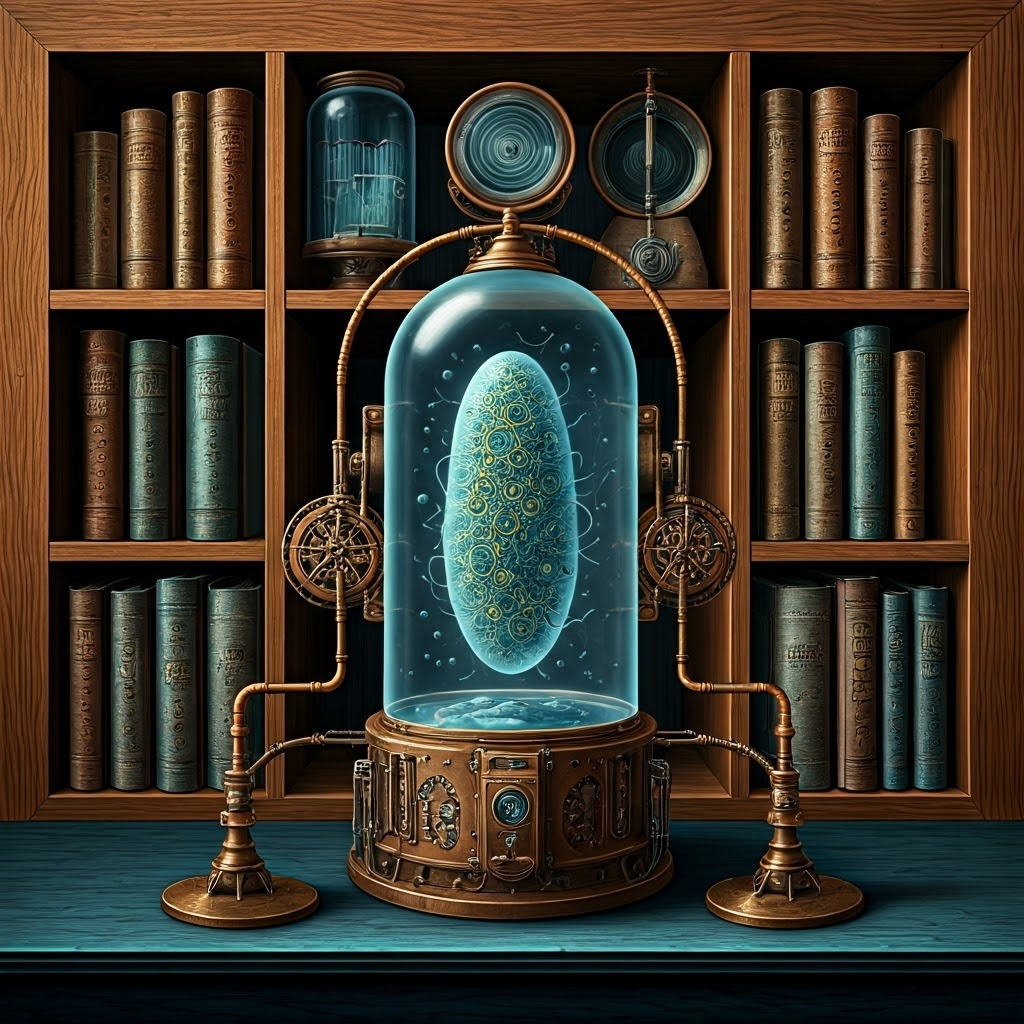 Steampunk lab engraving linking genomics, proteomics, and epigenomics books to one central cell, visualizing single-cell multi-omics.