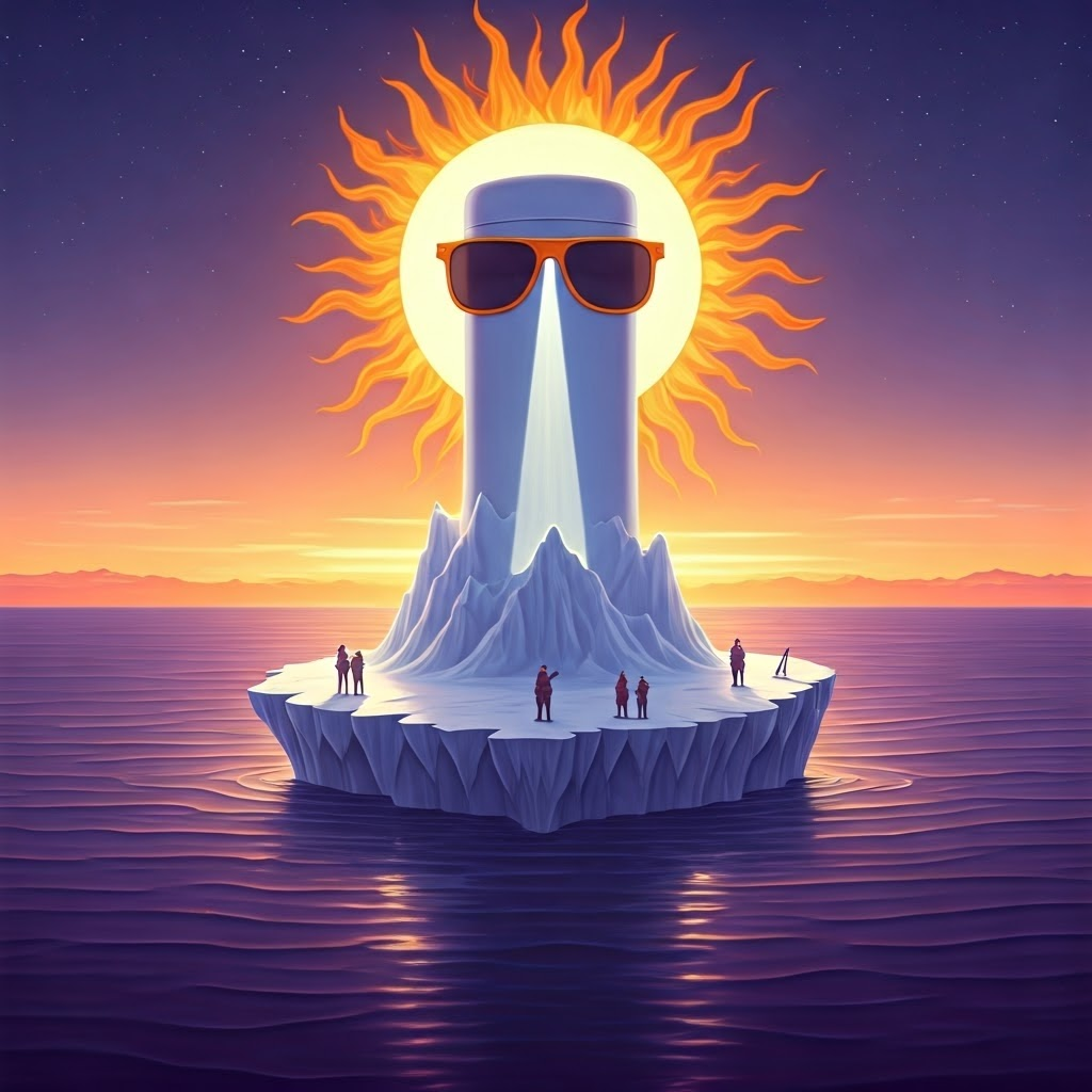 A giant iceberg shaped like sunscreen floats under a sunny sky, rays bouncing off its white face—symbolizing how ice reflects heat.