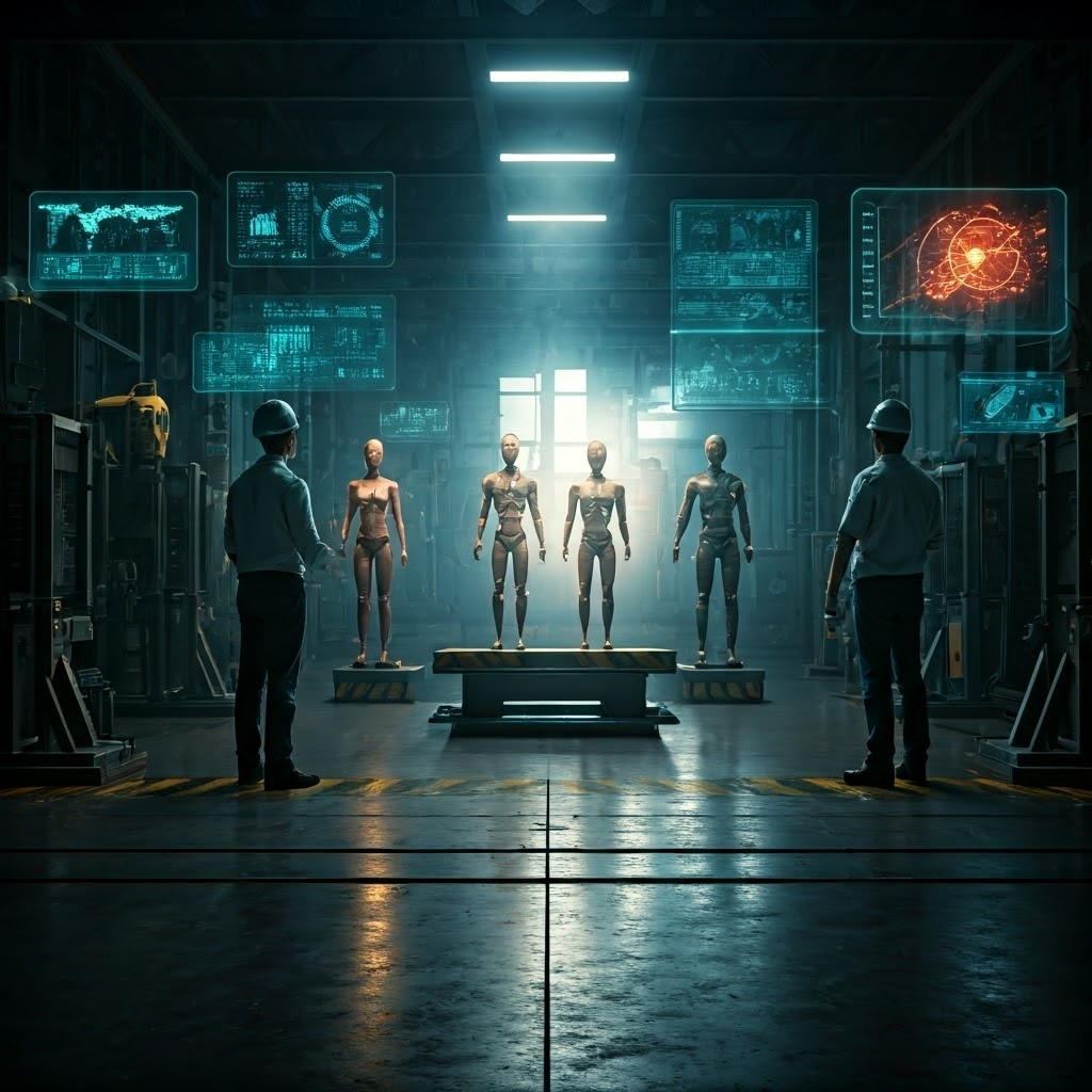 Engineers examine crash dummies of varied body types while impact data glows on nearby monitors, highlighting gender-based safety gaps.