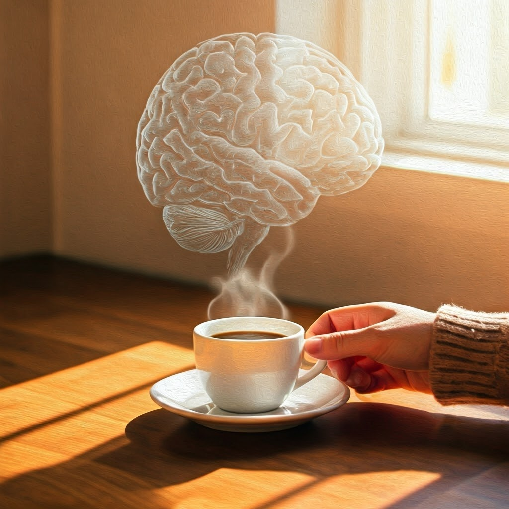 Gentle watercolor of a hand reaching for a steaming coffee cup, hinting at the hidden brain activity behind the simple act