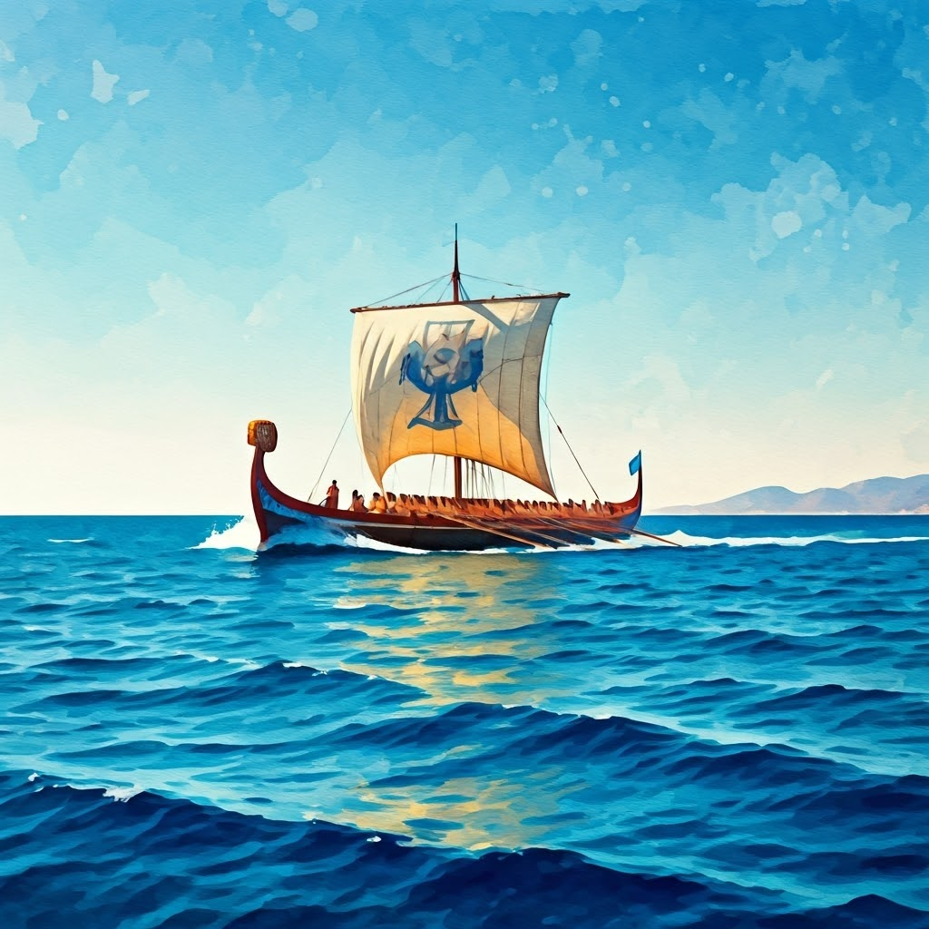 A sleek Greek trireme cuts through bright blue water, rowers working in perfect rhythm.