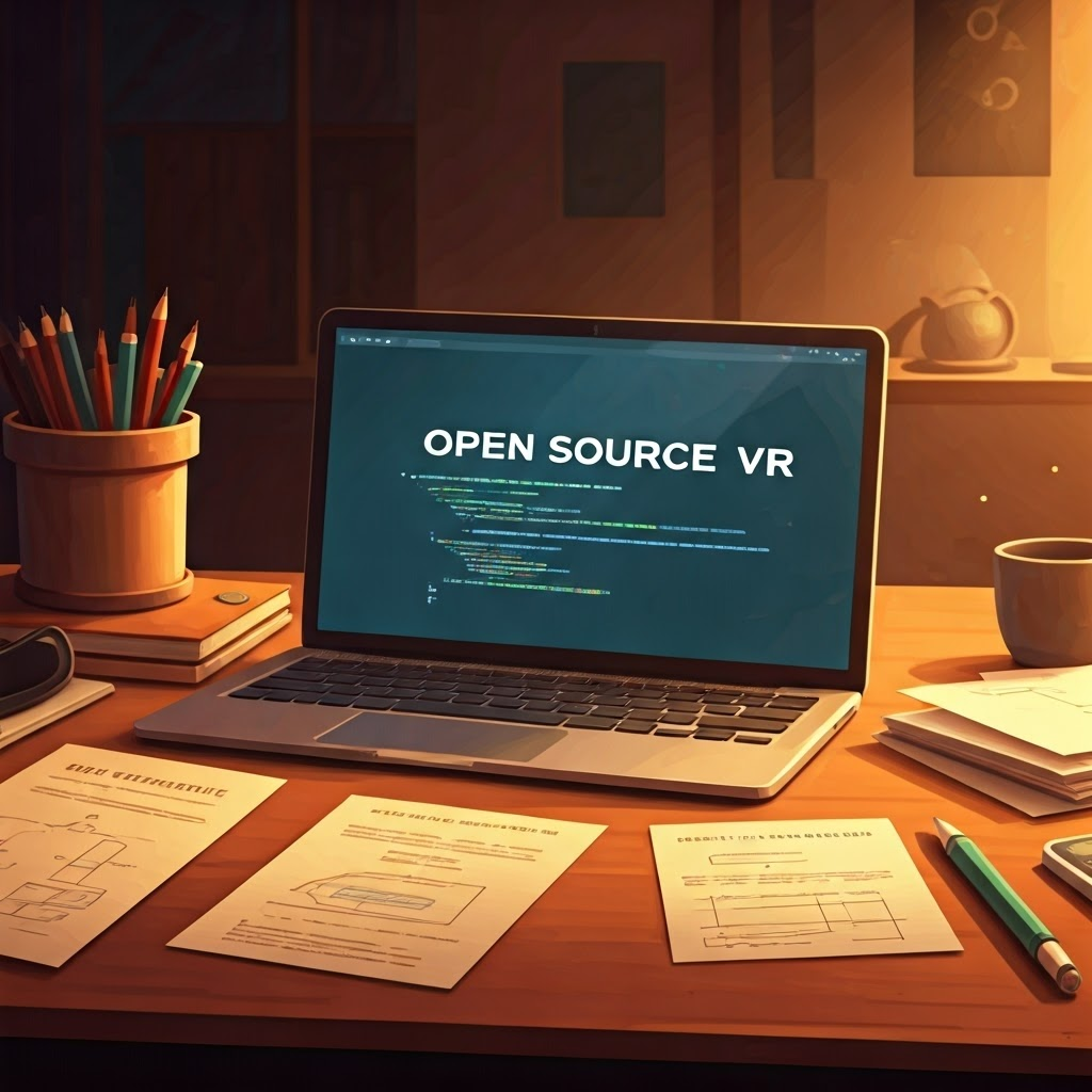 Cozy home office where a developer codes on a laptop marked “Open Source VR,” diagrams of on-device processing nearby, warm indie art style.
