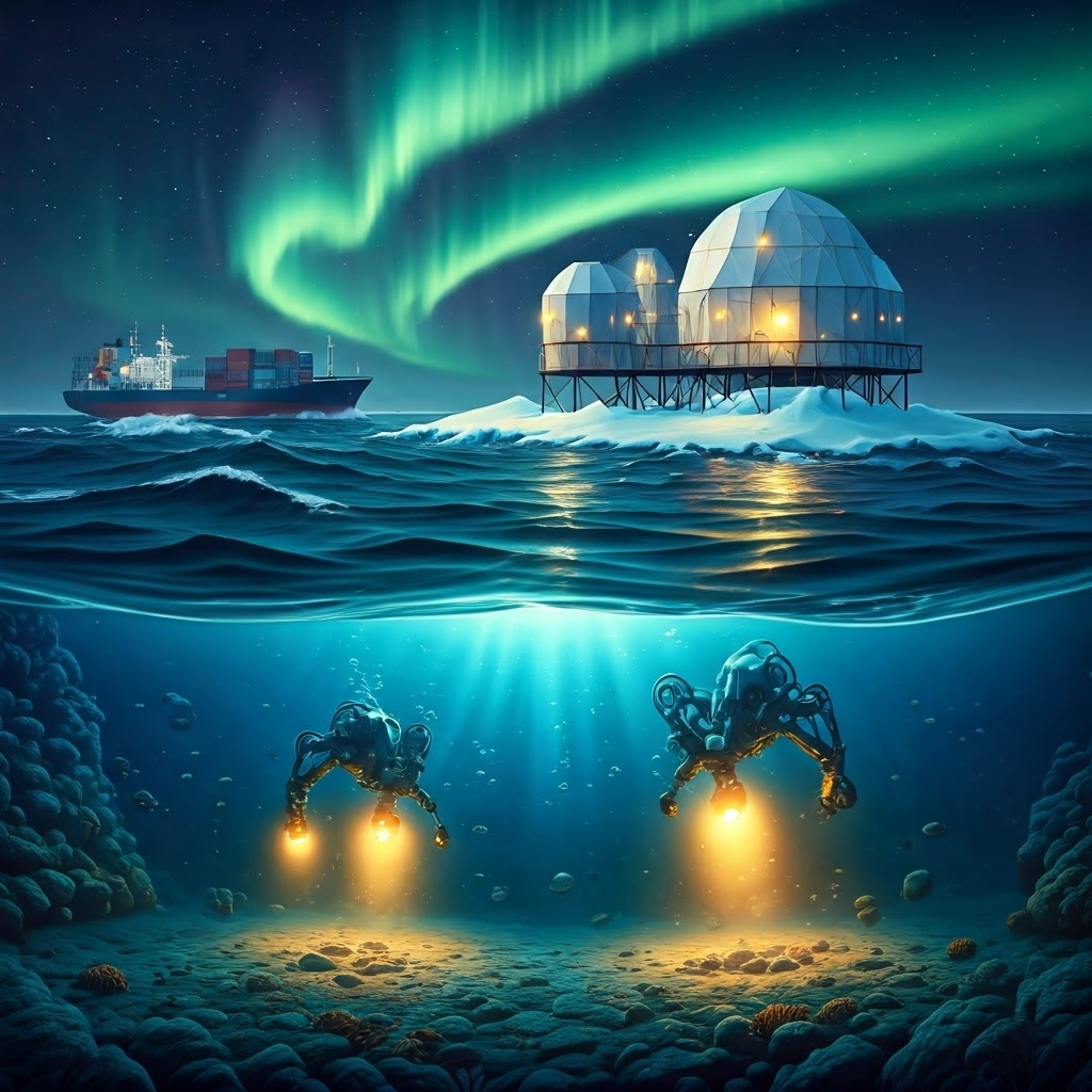 Split scene shows a cargo ship at sea, an Antarctic base, and seabed mining robots in action
