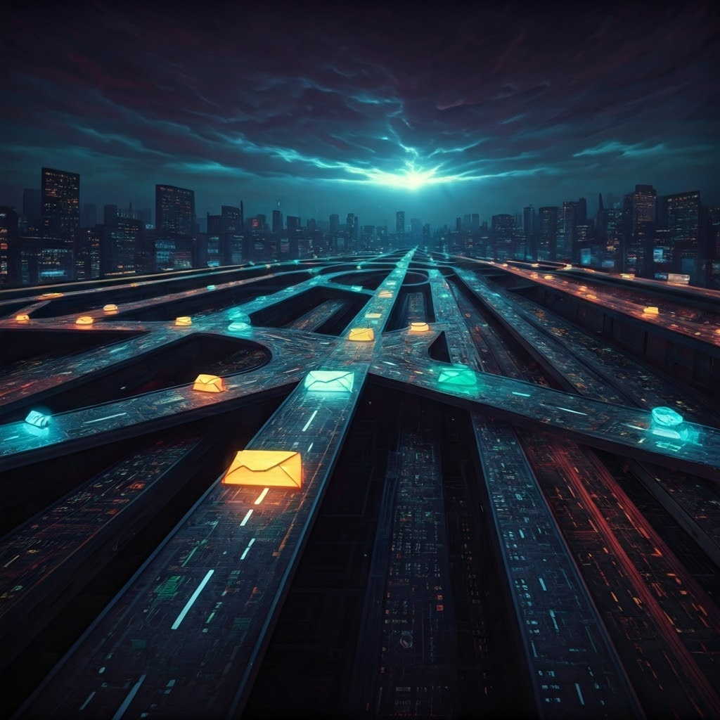 Glowing cyber-city network with roads of light carrying data packets between computer-shaped buildings at night
