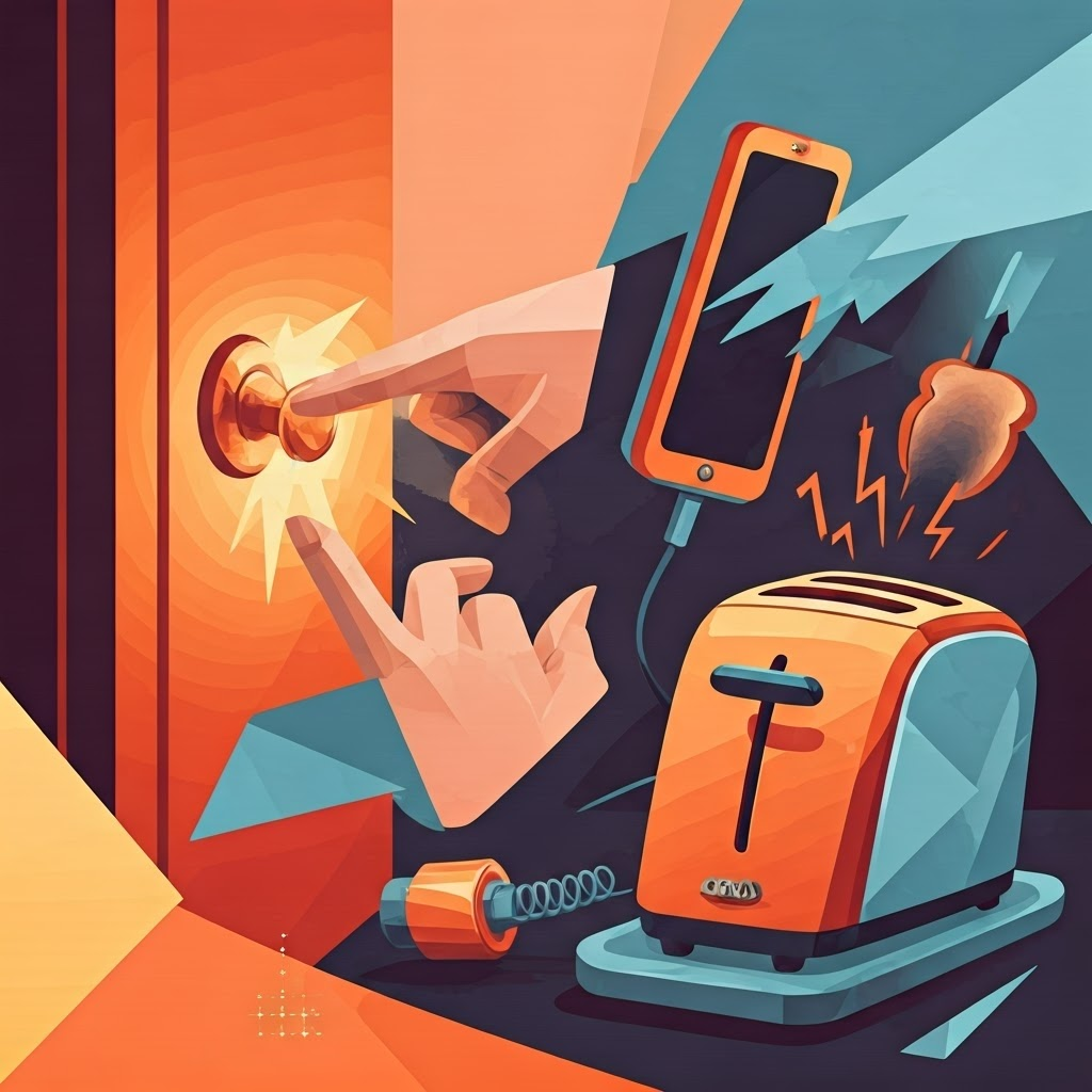 Playful collage of static shock, charging phone, and toaster to show electricity in daily life