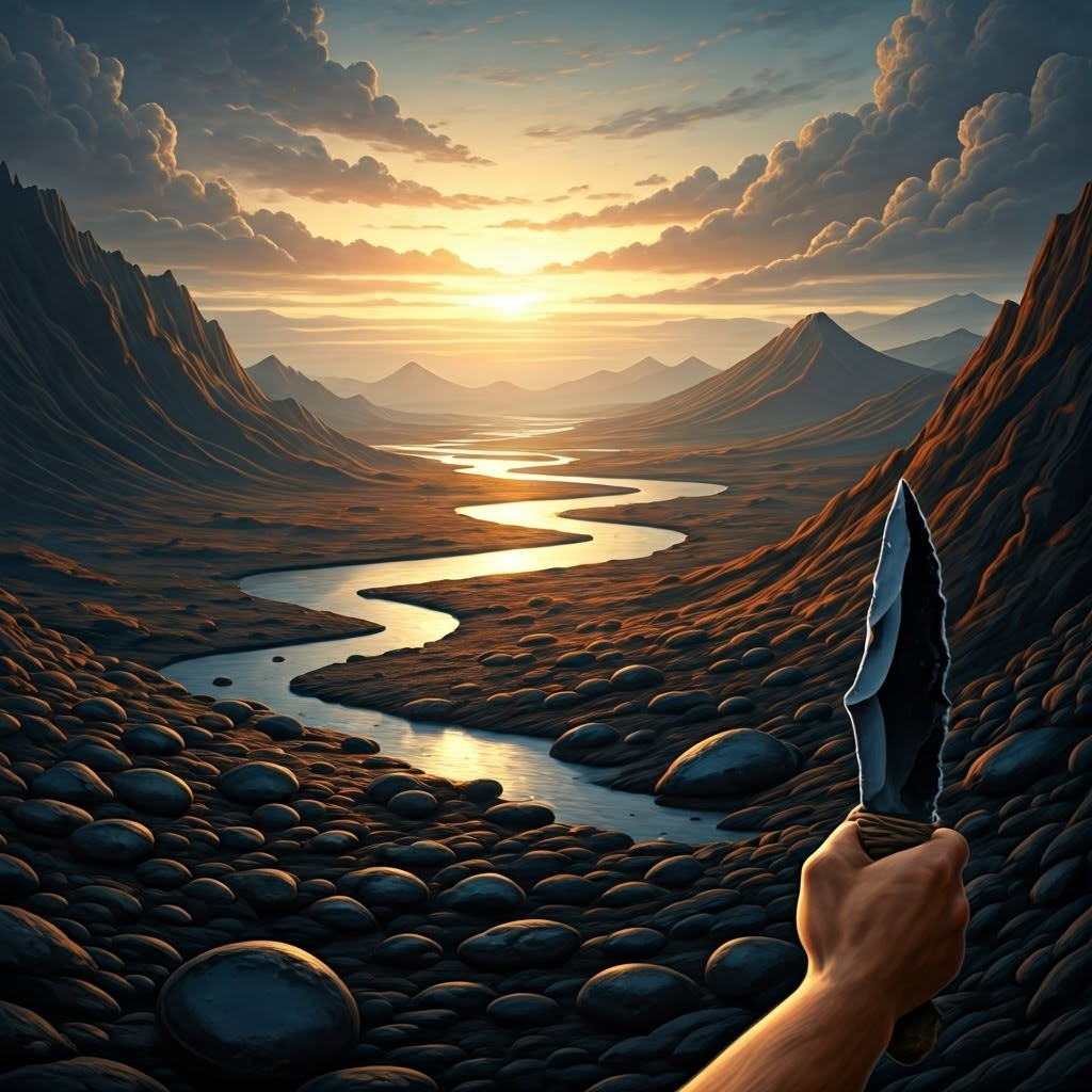Early Neolithic hunter at dawn in Anatolia, holding a shimmering obsidian blade, rocky landscape and distant volcanoes behind