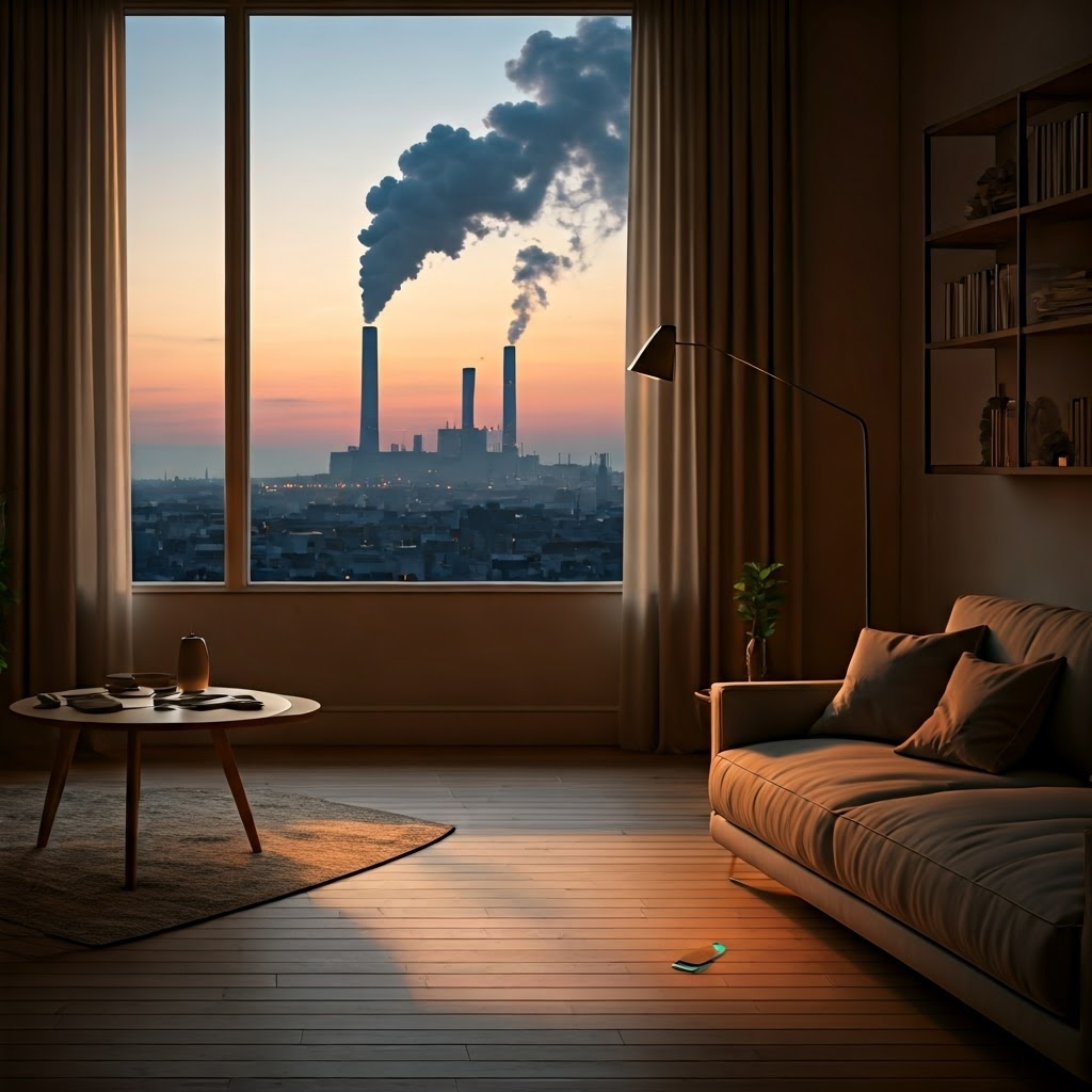 Person plugging a phone charger into a glowing outlet while a distant plant emits smoke at dusk—highlights everyday energy use and its fossil-fuel source