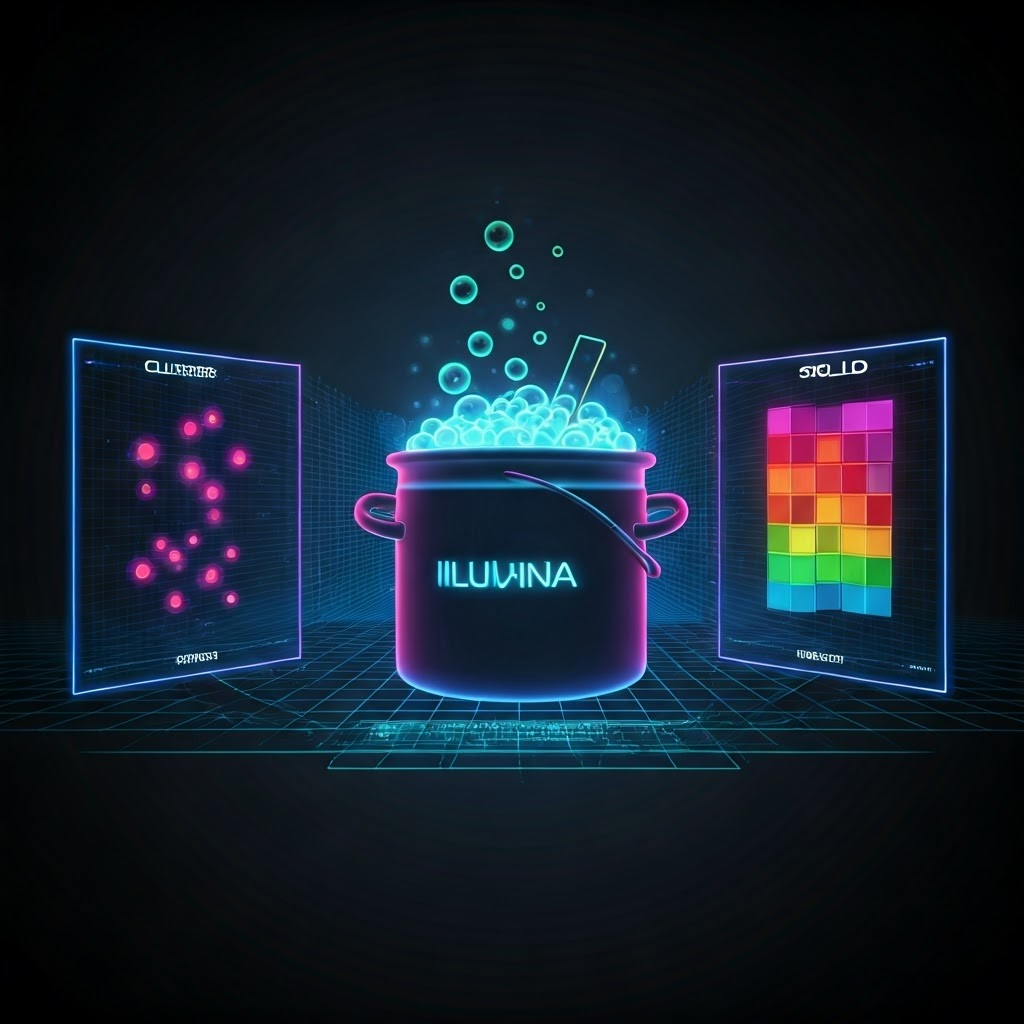 Neon infographic comparing Illumina flashes, Ion Torrent pH shifts, and SOLiD paired reads.